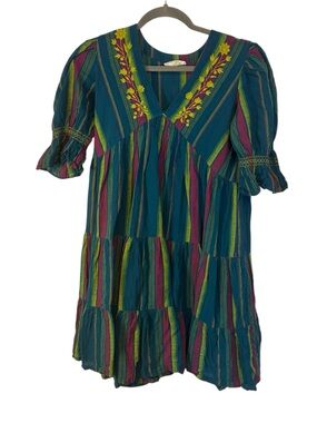 Bombay Paisley Striped Teal Mini Dress Floral Embroidered V-Neck Size Small